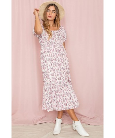 Eloges Women's Square Neck Puff Sleeve Floral Midi Dress Woven Ivory Pink $10.50 Dresses