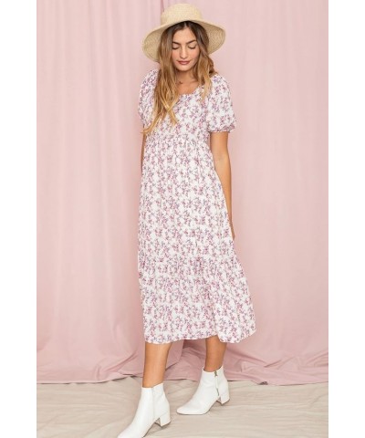 Eloges Women's Square Neck Puff Sleeve Floral Midi Dress Woven Ivory Pink $10.50 Dresses