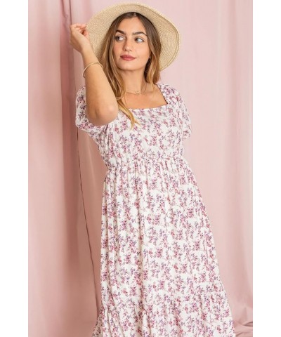 Eloges Women's Square Neck Puff Sleeve Floral Midi Dress Woven Ivory Pink $10.50 Dresses