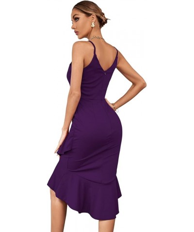 Women's V Neck Wrap Asymmetric Ruffle Hem Sleeveless Spaghetti Strap Bodycon Party Midi Dress Dark Purple $11.75 Skirts