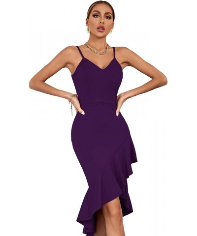 Women's V Neck Wrap Asymmetric Ruffle Hem Sleeveless Spaghetti Strap Bodycon Party Midi Dress Dark Purple $11.75 Skirts