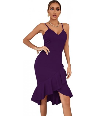 Women's V Neck Wrap Asymmetric Ruffle Hem Sleeveless Spaghetti Strap Bodycon Party Midi Dress Dark Purple $11.75 Skirts