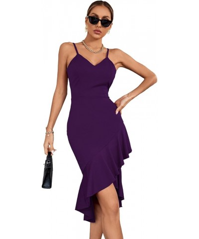 Women's V Neck Wrap Asymmetric Ruffle Hem Sleeveless Spaghetti Strap Bodycon Party Midi Dress Dark Purple $11.75 Skirts