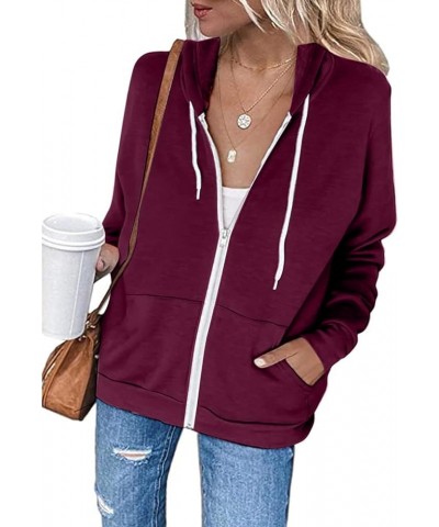 Hoodies for Women Zip UP Hooded Sweatshirts Fall Fashion 2023 Long Sleeve Drawstring Tops Casual Lightweight Jackets A02-wine...