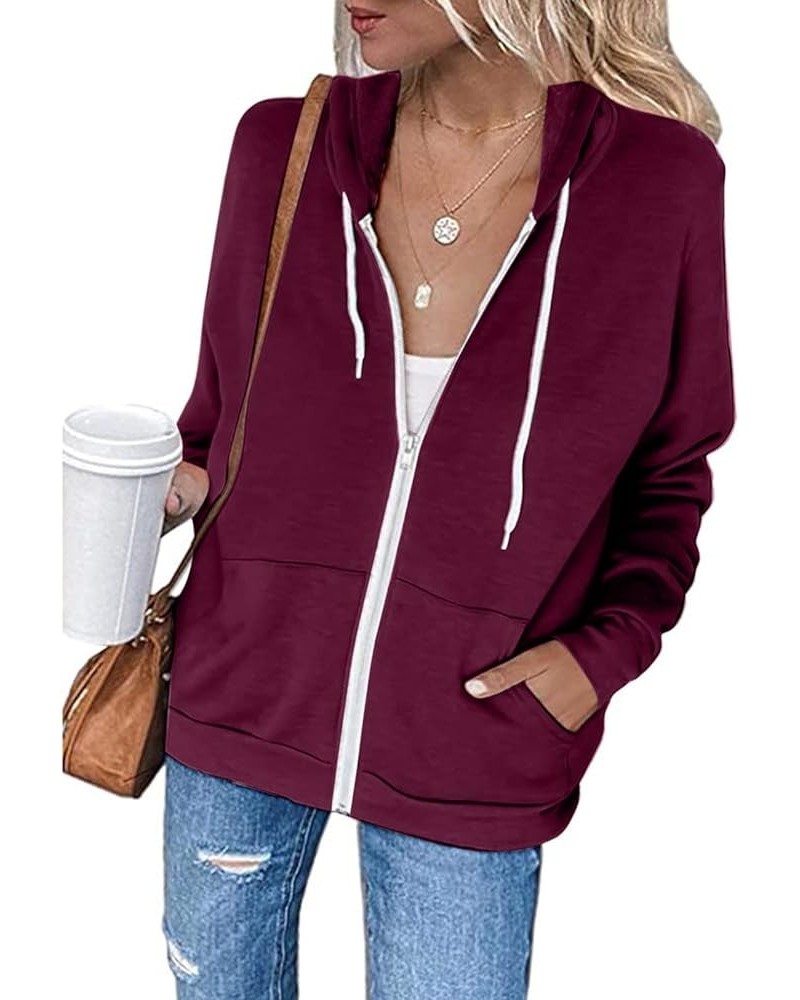 Hoodies for Women Zip UP Hooded Sweatshirts Fall Fashion 2023 Long Sleeve Drawstring Tops Casual Lightweight Jackets A02-wine...