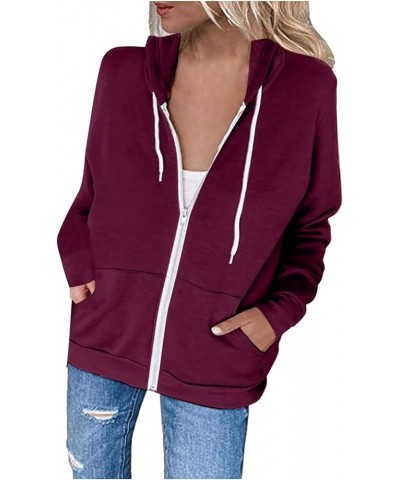 Hoodies for Women Zip UP Hooded Sweatshirts Fall Fashion 2023 Long Sleeve Drawstring Tops Casual Lightweight Jackets A02-wine...