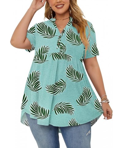 Women's Plus Size Tops Short Sleeve Henley V Neck Button Up Flowy T Shirts Tunic Loose Blouses Green Palm Leaf $11.28 Tops