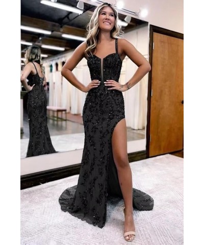 Mermaid Prom Dresses Long Slit Spaghetti Straps Sequin Sweetheart Tulle Evening Gown Party Dreses ZS39 Grey $35.65 Dresses