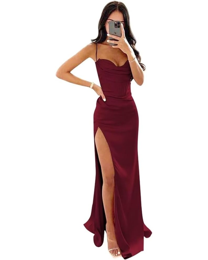 Spaghetti Straps Satin Prom Dresses Long Mermaid Bridesmaid Dress Slit Halter Formal Evening Party Gown Burgundy $26.51 Dresses