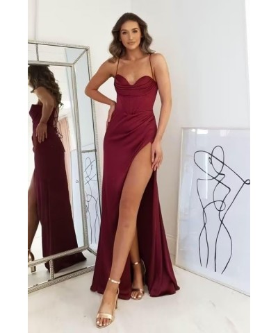 Spaghetti Straps Satin Prom Dresses Long Mermaid Bridesmaid Dress Slit Halter Formal Evening Party Gown Burgundy $26.51 Dresses