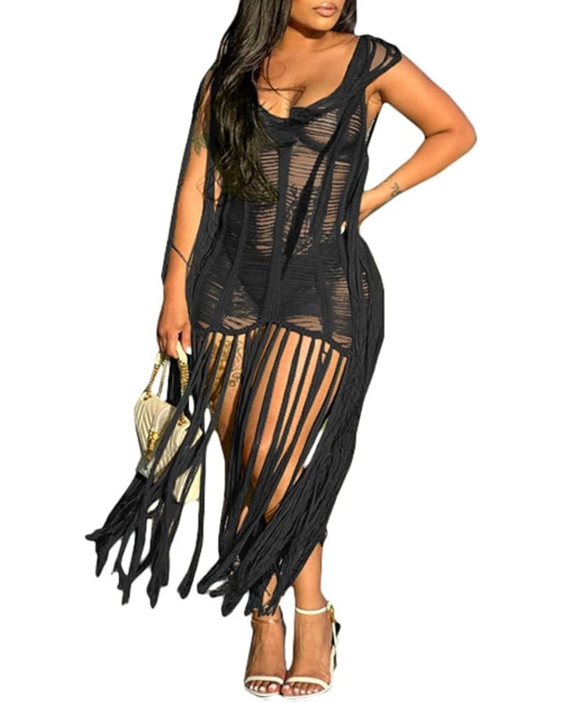 Women's Sexy Tassel Hollow Out See Through Crochet Maxi Long Dress Knitted Beach Dresses Swimsuit Coverup 1253-black $21.72 S...