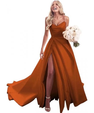 Strapless Satin Prom Dresses Long Ball Gowns with Slit A-Line Pleated Evening Party Dress for Women Formal Burnt Orange $33.1...