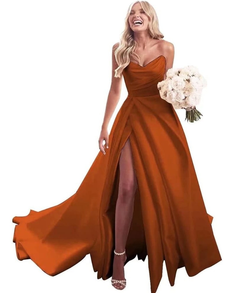 Strapless Satin Prom Dresses Long Ball Gowns with Slit A-Line Pleated Evening Party Dress for Women Formal Burnt Orange $33.1...