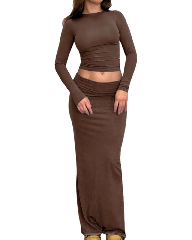 Women Fall Skirts Sets Slim Fit Crew Neck Long Sleeve T-Shirts Tops Long Skirts 2 Piece Outfits Brown $10.08 Suits