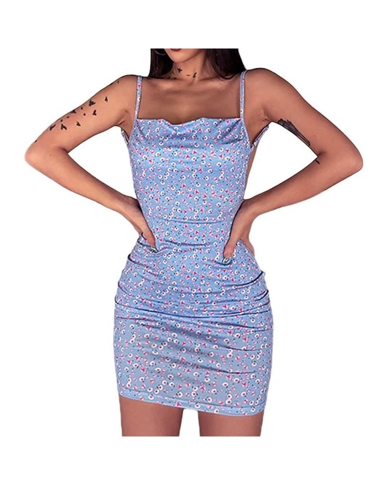 Women Y2K Bodycon Mini Dress Spaghetti Strap Floral Square Neck A Line Short Dress Ruffle Sleeve Lace Up Partywear Q-blue $10...