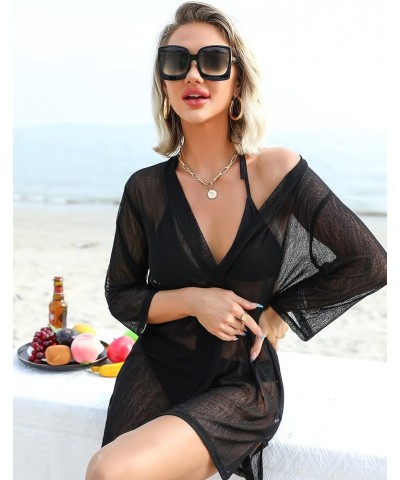 Women Casual 3/4 Sleeve Sheer Open Front Cardigan Sweater Kimono Black-1 $14.25 Sweaters