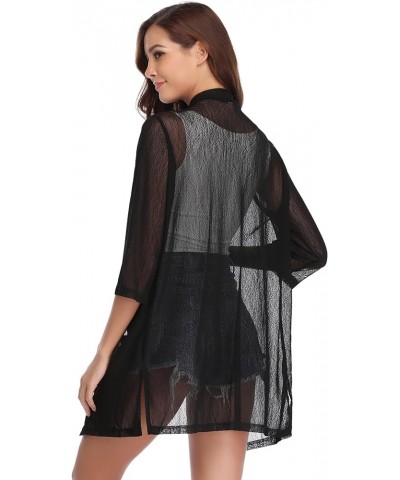 Women Casual 3/4 Sleeve Sheer Open Front Cardigan Sweater Kimono Black-1 $14.25 Sweaters