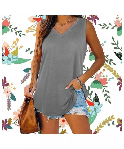 Summer Women V Neck Basic Solid Color Casual Flowy Summer Sleeveless Tank Tops Gray $15.88 Tanks