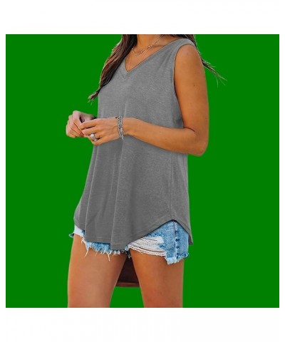 Summer Women V Neck Basic Solid Color Casual Flowy Summer Sleeveless Tank Tops Gray $15.88 Tanks