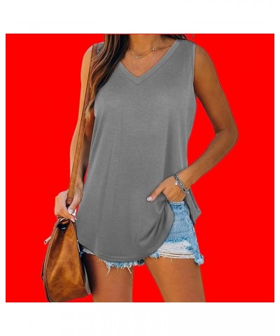 Summer Women V Neck Basic Solid Color Casual Flowy Summer Sleeveless Tank Tops Gray $15.88 Tanks