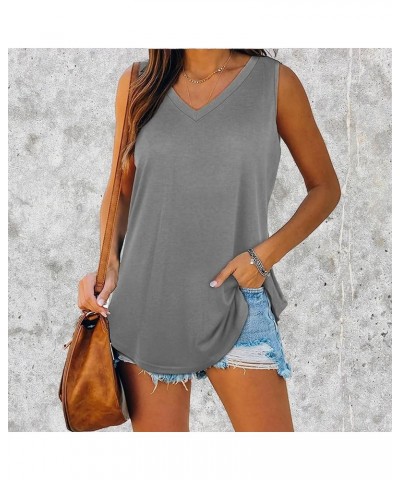 Summer Women V Neck Basic Solid Color Casual Flowy Summer Sleeveless Tank Tops Gray $15.88 Tanks