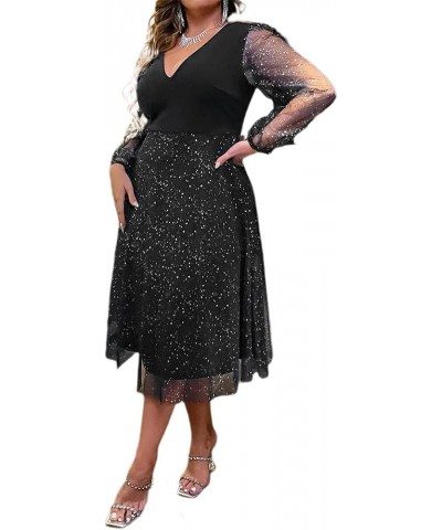 Plus Size Sexy Long Sleeve V Neck/Crewneck Sequin/Floral Dress for Women Fashion Dress for Lady Black Sequin $12.07 Dresses