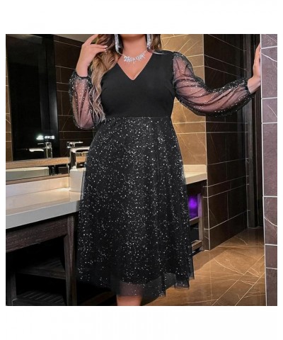 Plus Size Sexy Long Sleeve V Neck/Crewneck Sequin/Floral Dress for Women Fashion Dress for Lady Black Sequin $12.07 Dresses