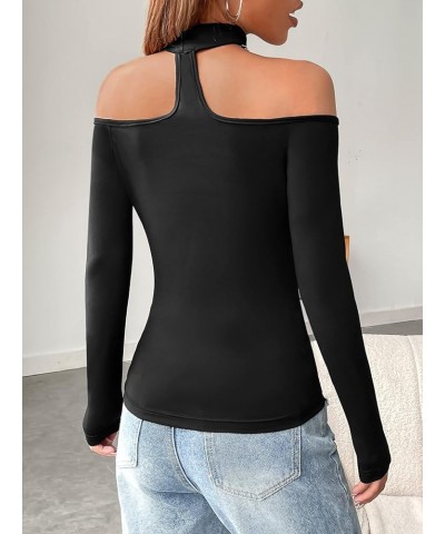 Women's Casual Striped Print Criss Cross Tee Off Shoulder Long Sleeve Fitted T Shirts Plain Black $12.47 T-Shirts