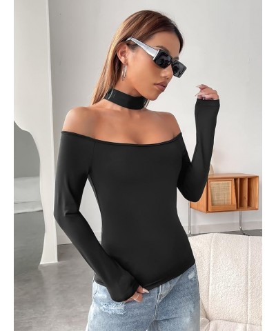 Women's Casual Striped Print Criss Cross Tee Off Shoulder Long Sleeve Fitted T Shirts Plain Black $12.47 T-Shirts