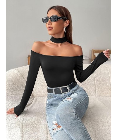 Women's Casual Striped Print Criss Cross Tee Off Shoulder Long Sleeve Fitted T Shirts Plain Black $12.47 T-Shirts