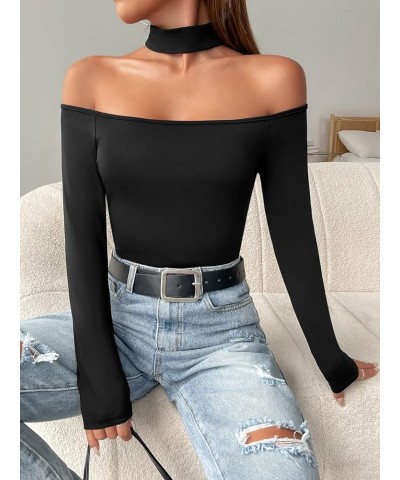 Women's Casual Striped Print Criss Cross Tee Off Shoulder Long Sleeve Fitted T Shirts Plain Black $12.47 T-Shirts