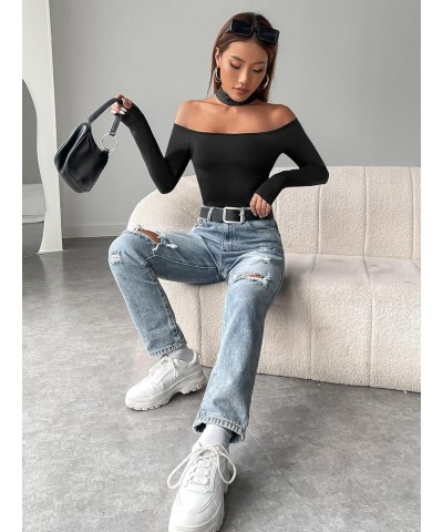 Women's Casual Striped Print Criss Cross Tee Off Shoulder Long Sleeve Fitted T Shirts Plain Black $12.47 T-Shirts