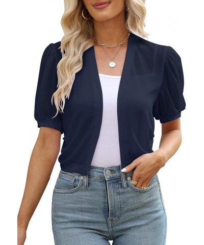 Women Puff Sleeve Bolero Shrug Open Front Summer Cropped Sheer Jackets Cardigan Navy $12.50 Sweaters