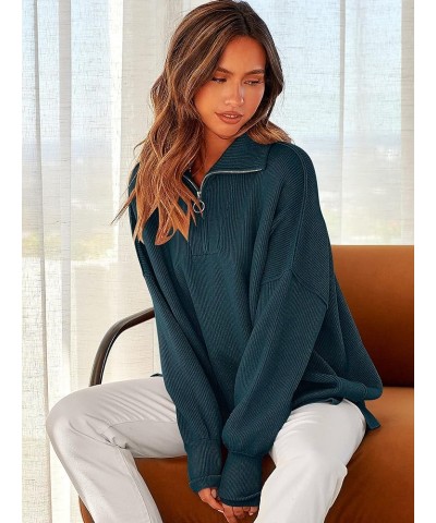 Women's Oversized Sweater 2023 Fashion Long Sleeve Quarter Zipper Collar Drop Shoulder Slouchy Pullover Tops Deep Blue $20.70...