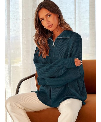 Women's Oversized Sweater 2023 Fashion Long Sleeve Quarter Zipper Collar Drop Shoulder Slouchy Pullover Tops Deep Blue $20.70...