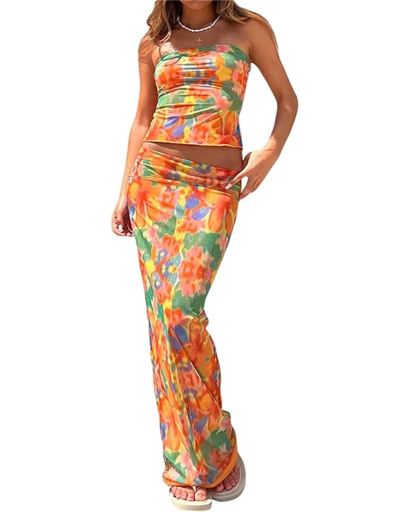 Maxi Skirt Sets Women 2 Piece Outfits Sexy Strapless Crop Tube Top Bodycon Long Skirts Y2K Skirt Set Beachwear Floral-orange ...