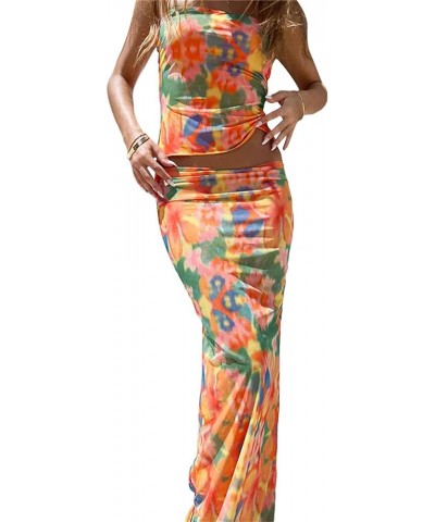 Maxi Skirt Sets Women 2 Piece Outfits Sexy Strapless Crop Tube Top Bodycon Long Skirts Y2K Skirt Set Beachwear Floral-orange ...