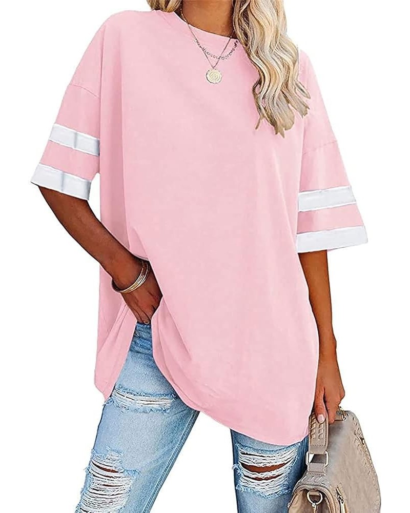 Womens Oversized Tees Striped Short Sleeve Crewneck Casual Pullover Loose Colorblock Blouse Tops A-crewneck Light Pink $10.00...