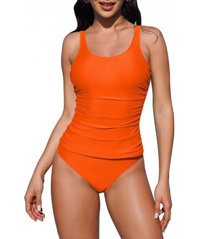 Women Two Piece Tankini Swimsuit Tummy Control Bathing Suit Ruched Tank Top with Bikini Bottoms Orange $20.13 Swimsuits