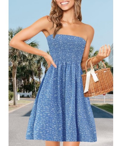 Strapless Dress for Women Summer Beach Boho Smocked Tube Top Dress Light Blue-floral $9.66 Swimsuits