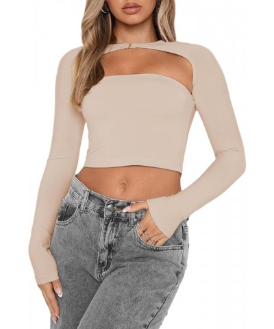 Women's Cut Out Long Sleeve Crop Top Sexy Going Out Tops Shirt Beige $12.97 T-Shirts