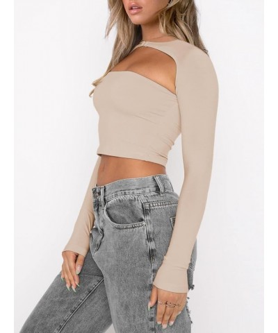 Women's Cut Out Long Sleeve Crop Top Sexy Going Out Tops Shirt Beige $12.97 T-Shirts