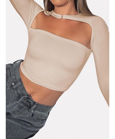 Women's Cut Out Long Sleeve Crop Top Sexy Going Out Tops Shirt Beige $12.97 T-Shirts