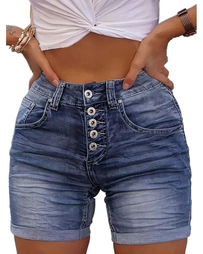 Women's Button Fly Ripped Denim Shorts Without Belt Mid Waist Casual Shorts Blue Black $16.52 Shorts