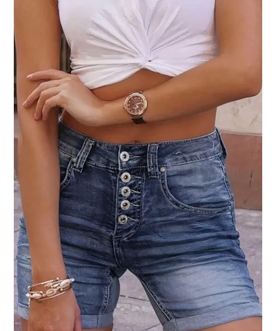 Women's Button Fly Ripped Denim Shorts Without Belt Mid Waist Casual Shorts Blue Black $16.52 Shorts