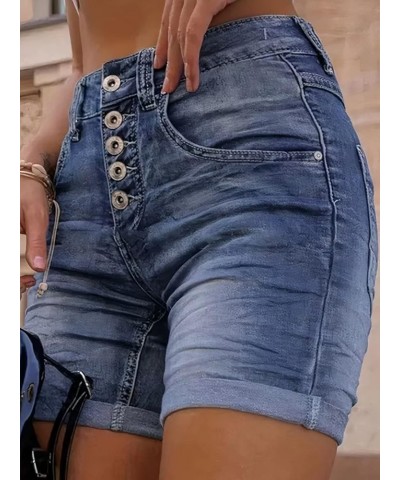 Women's Button Fly Ripped Denim Shorts Without Belt Mid Waist Casual Shorts Blue Black $16.52 Shorts