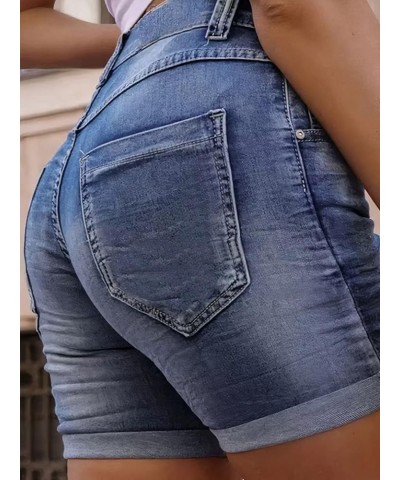 Women's Button Fly Ripped Denim Shorts Without Belt Mid Waist Casual Shorts Blue Black $16.52 Shorts