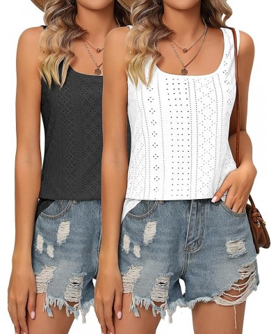 2 Pack Women's Tank Tops Eyelet Sleeveless Shirts Loose Fit U Neck Cami Shirts Spaghetti Strap Summer Casual Tops Black, Whit...