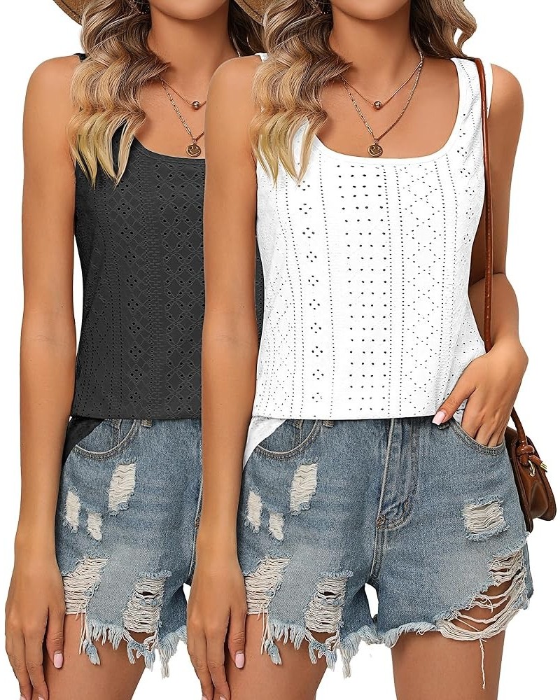 2 Pack Women's Tank Tops Eyelet Sleeveless Shirts Loose Fit U Neck Cami Shirts Spaghetti Strap Summer Casual Tops Black, Whit...