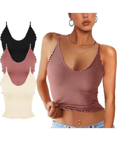 Women 3 Pack Ruffled V Neck Cropped Tops Workout Basic Ribbed Camisole Tank Tops 3 Pack-black+beige+dusty Pink $11.00 Tanks